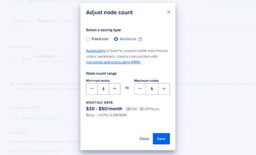 Adjust node count using the DigitalOcean web console