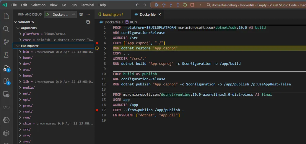 Debugging container image creation with a Dockerfile