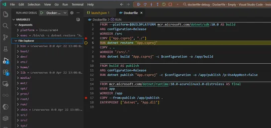 Debugging container image creation with a Dockerfile