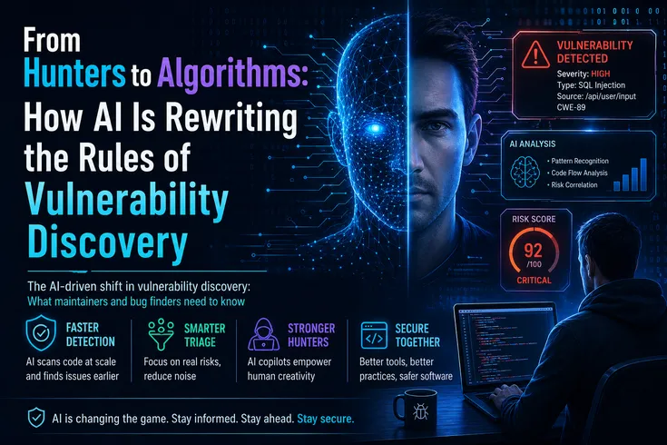 AI-driven vulnerability discovery concept showing a split human and artificial intelligence face analyzing cybersecurity threats, with dashboards displaying SQL injection detection, risk score, and automated code analysis in a futuristic interface.